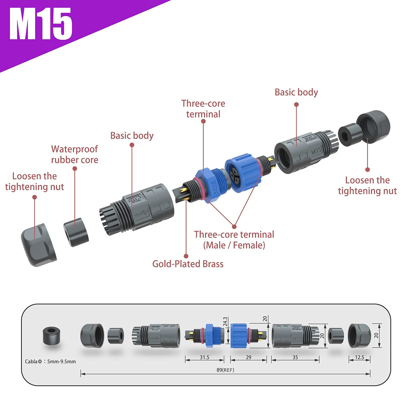 AOHUA M15 Waterproof Connector (5-Pack) - IP68 Junction Box, 2-Pin