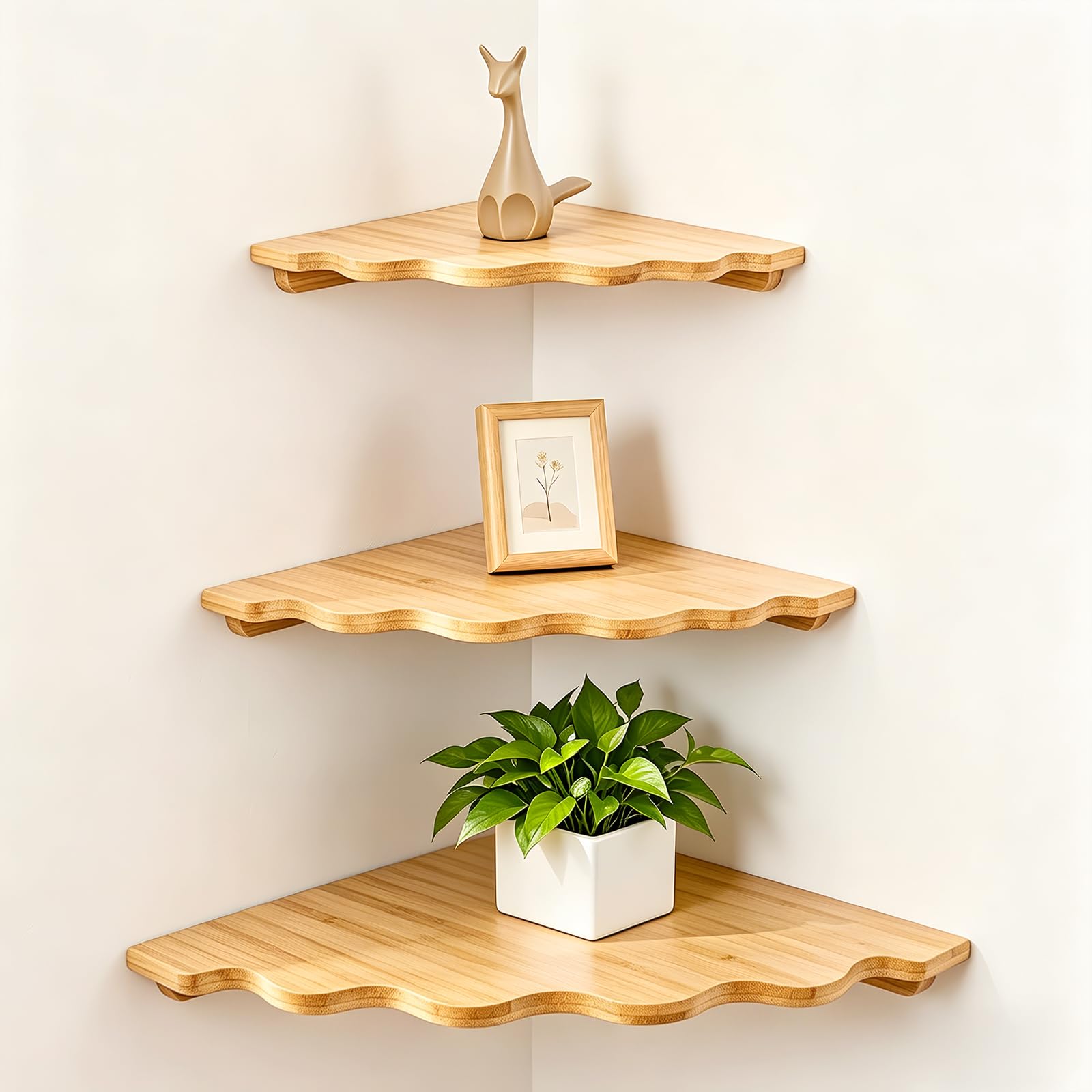 Fantasyon Corner Shelf Wall Mount, Set of 3 Floating Corner Shelves, Bamboo Wood Corner Hanging Shelves with Cord Hole Rustic Corner Wall Shelves for Bathroom Bedroom Kitchen Living Room Home Decor