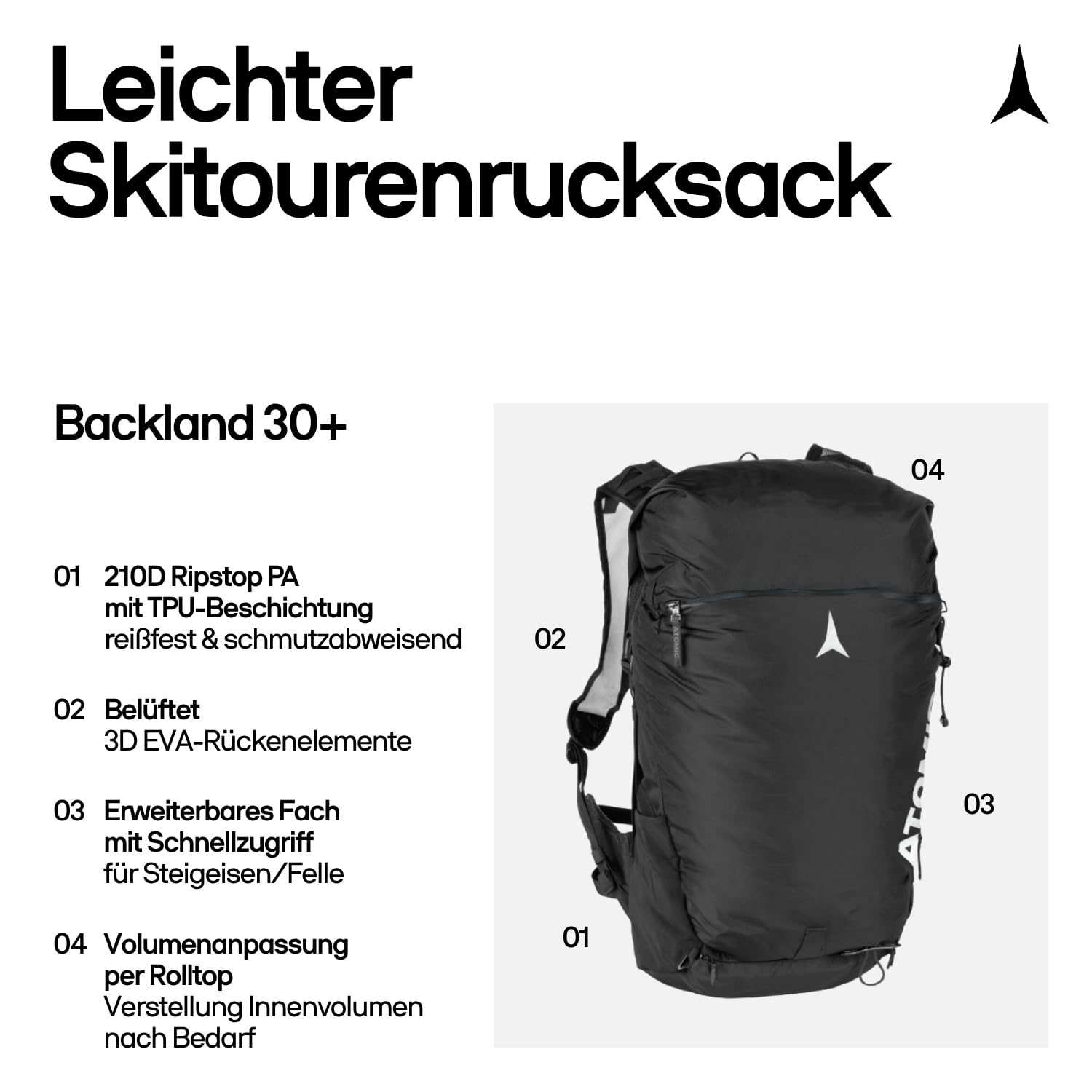 ATOMIC Backland 30+ Black/Black I leichter Skitouren-Rucksack mit Rolltop-Verschluss I alpiner Wanderrucksack mit mehr als 30L Stauraum I robuster & vielseitiger Ski-Rucksack mit Hüftgurt