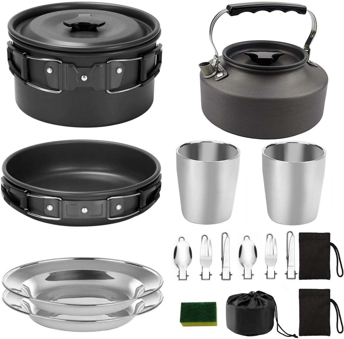 SUPVOX Outdoor Camping Cookware Set for 2-3 People, Portable Black Aluminum Cooking Pot and Teapot Combo, Lightweight Picnic Tableware for Hiking and Backpacking