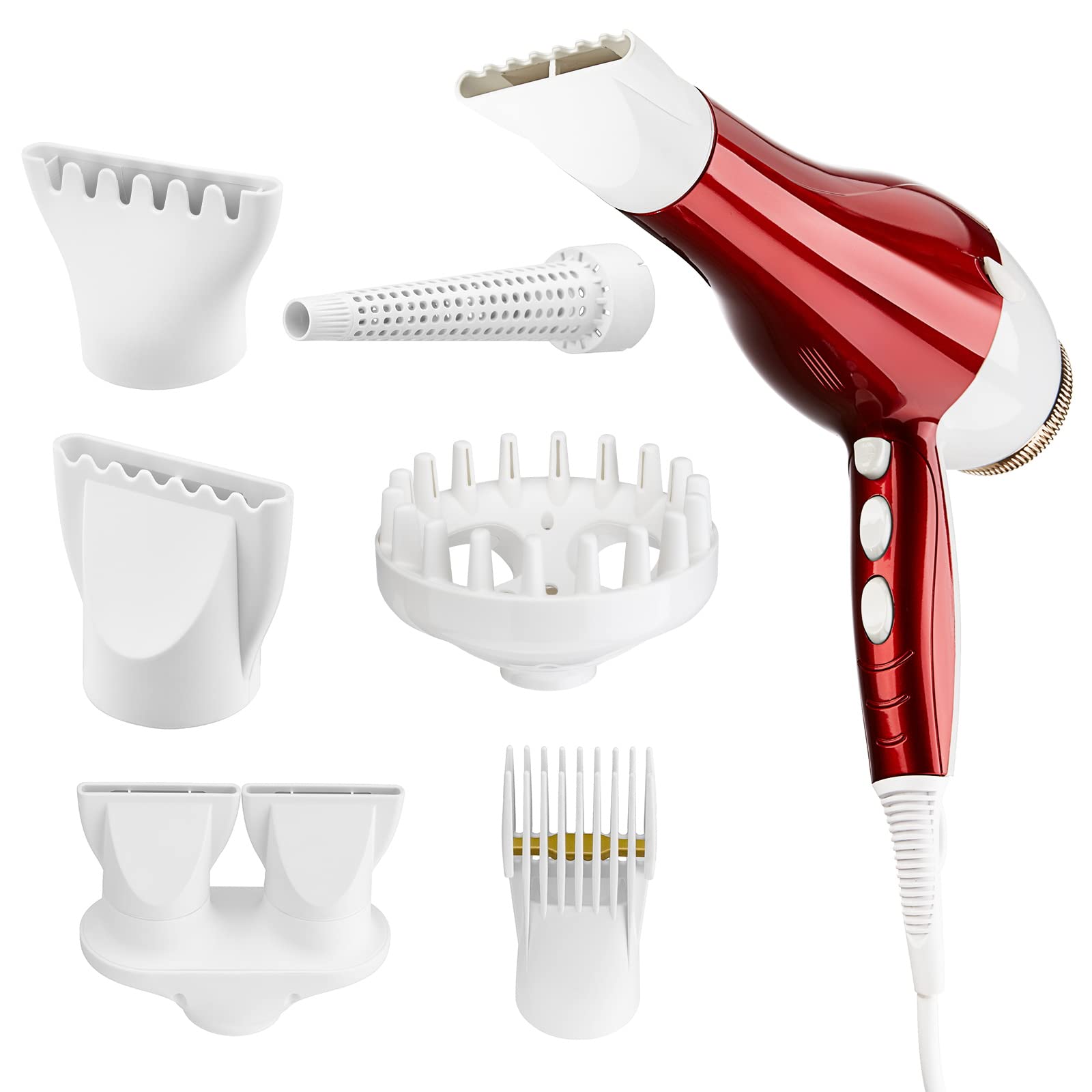 Professional Salon Hair Dryer, Blow Dryer Active Oxygen Negative ions Dryer with Attachments for Fast Drying for Family, Low Noise (Matte Red and White, 6 Accessories)