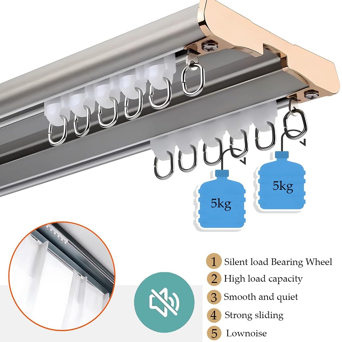 Sistema de riel deslizante de metal de doble fila con rodillos silenciosos para separadores de habitaciones de ventana, dormitorio y sala de estar, 18 pies/550 cm, montaje en techo blanco