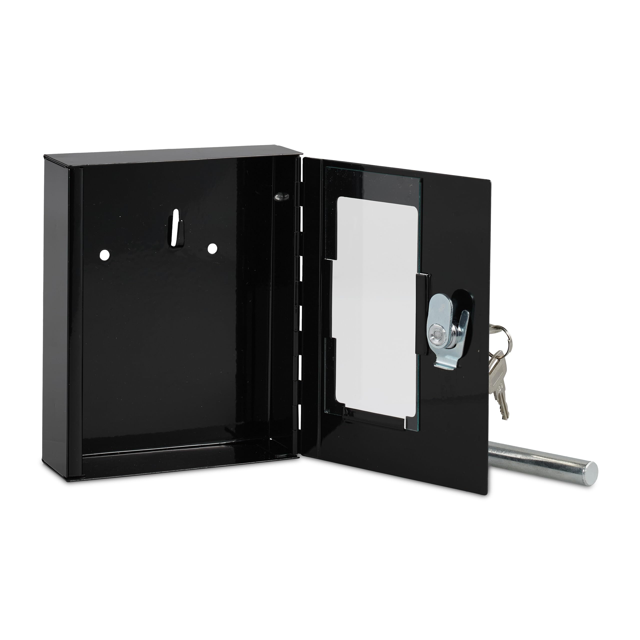 Relaxdays Caja para Llave de Emergencia, Cajetín con Ventana de Cristal y Martillo, Cerradura, Portallave Metal, Negro, 15 x 12 x 5 cm