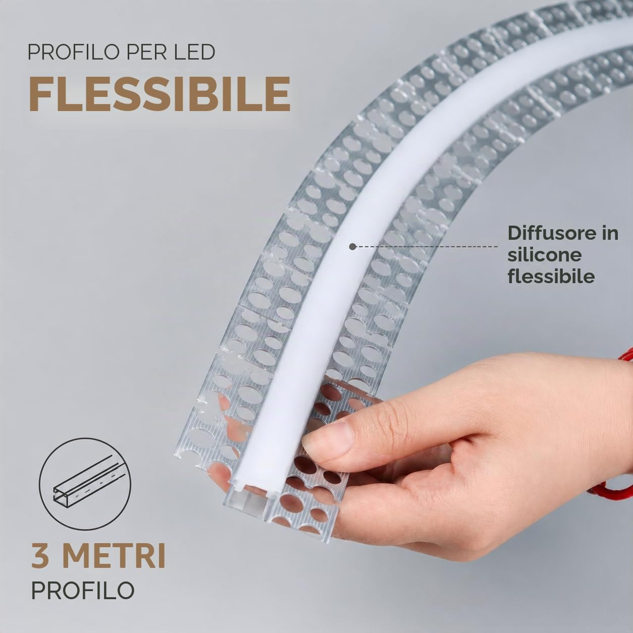 Jandei Profilo Flessibile da 3 Metri per l'Integrazione di Strisce LED in Intonaco o Cartongesso, Realizzato in Alluminio Grigio. Include Diffusore in Silicone