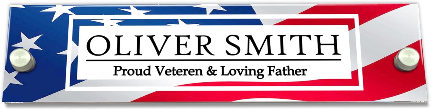 VWAQ Custom American Flag Name Plate for Wall - Patriotic Clear Acrylic - Personalized Office Decor Nameplate Sign Gift - WACS18 (Black)