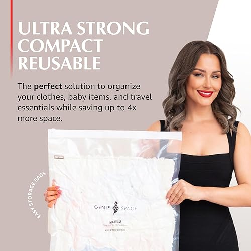 Miniatura 3 de GENIE SPACE Bolsas de almacenamiento al vacío de alta calidad para ropa, ropa de cama y viajes, tamaño mediano de 27 x 20 pulgadas, herméticas, a