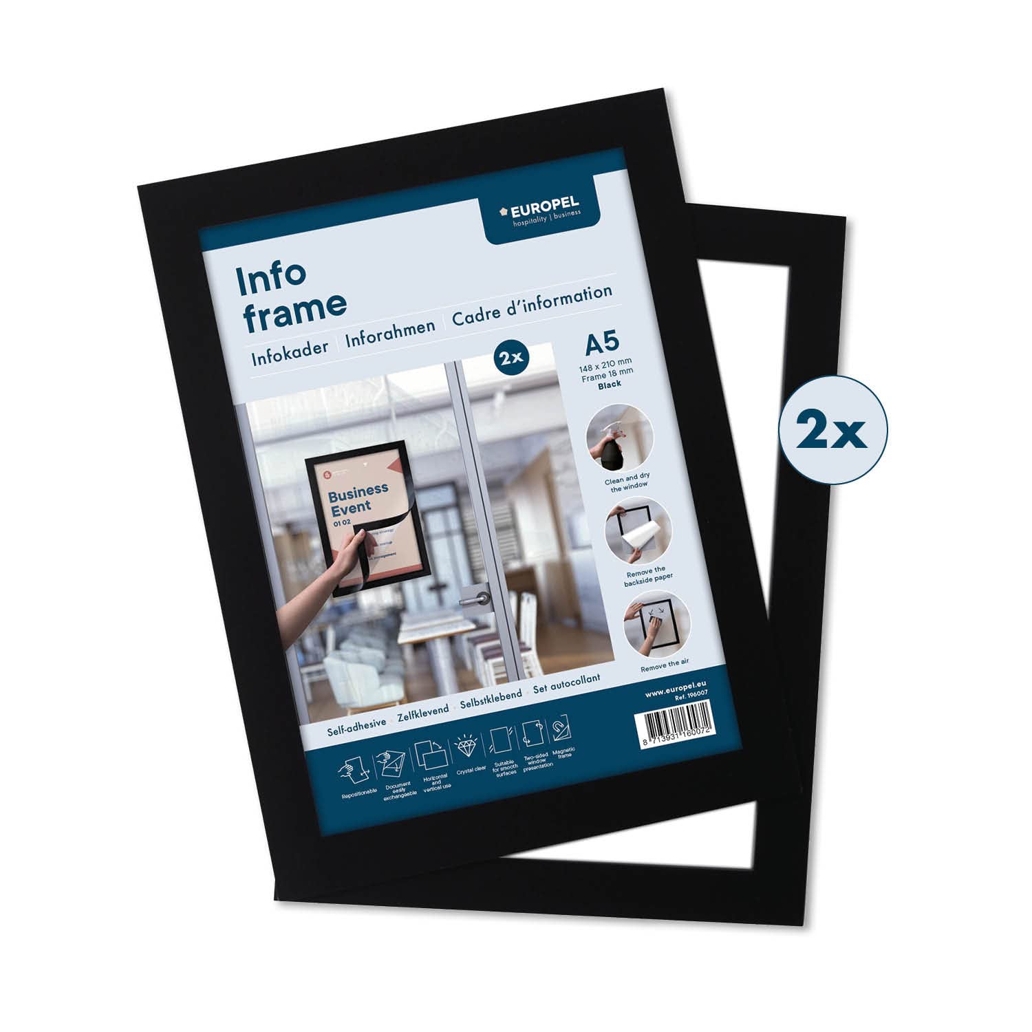 EUROPEL A5 Black PVC Self Adhesive Magnetic Info Frame - 2 Pack - Easy Peel Off - Double Sided - Portrait or Landscape - 23.8 x 17.6 cm