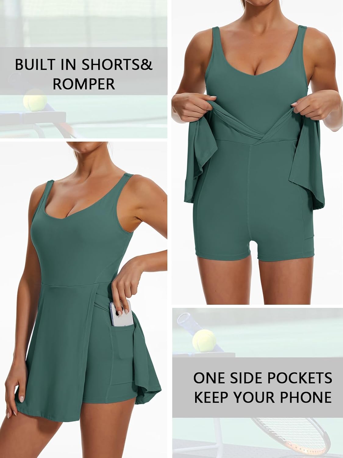 Sexyasasii Tennis Dress for Women V Neck Athletic Dress with Built in Shorts and Bra Sleeveless Side Slit Golf Mini Dresses Green - Image 5