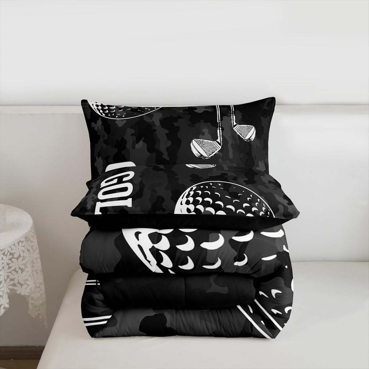 Erosebridal Golf Print Comforter Set - Black Camo Bedding, Queen Size, 3 Piece Soft Lightweight Down Comforter with Duvet & Quilt, Sports Themed, Camouflage Pattern