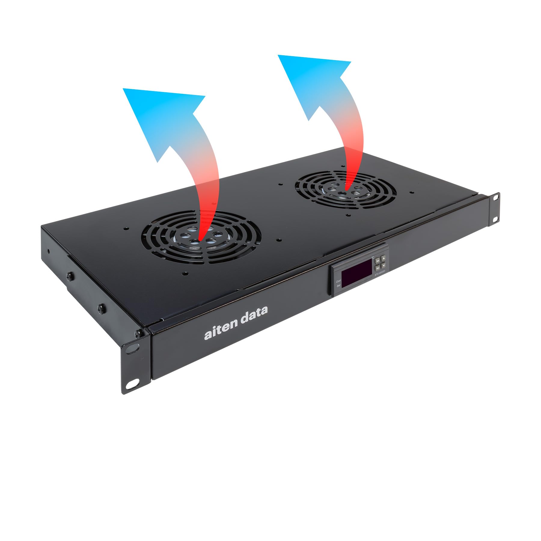 Aiten Data Termostato Digital 2 Ventiladores 1U para Armario Rack - Pantalla Digital Que Facilita el Monitoreo del Ambiente - Interruptor On-Off - Sensores de Temperatura y Dos Ventiladores de 12 cm
