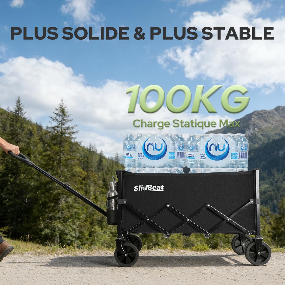 SLIDBEAT Chariot Pliable et Léger - 120L Capacité, pour Camping Courses Jardin Peche, Chariot de Transport Tout Terrain avec Roues 360° Démontables et Toile Lavable (2 Porte-Gobelets)