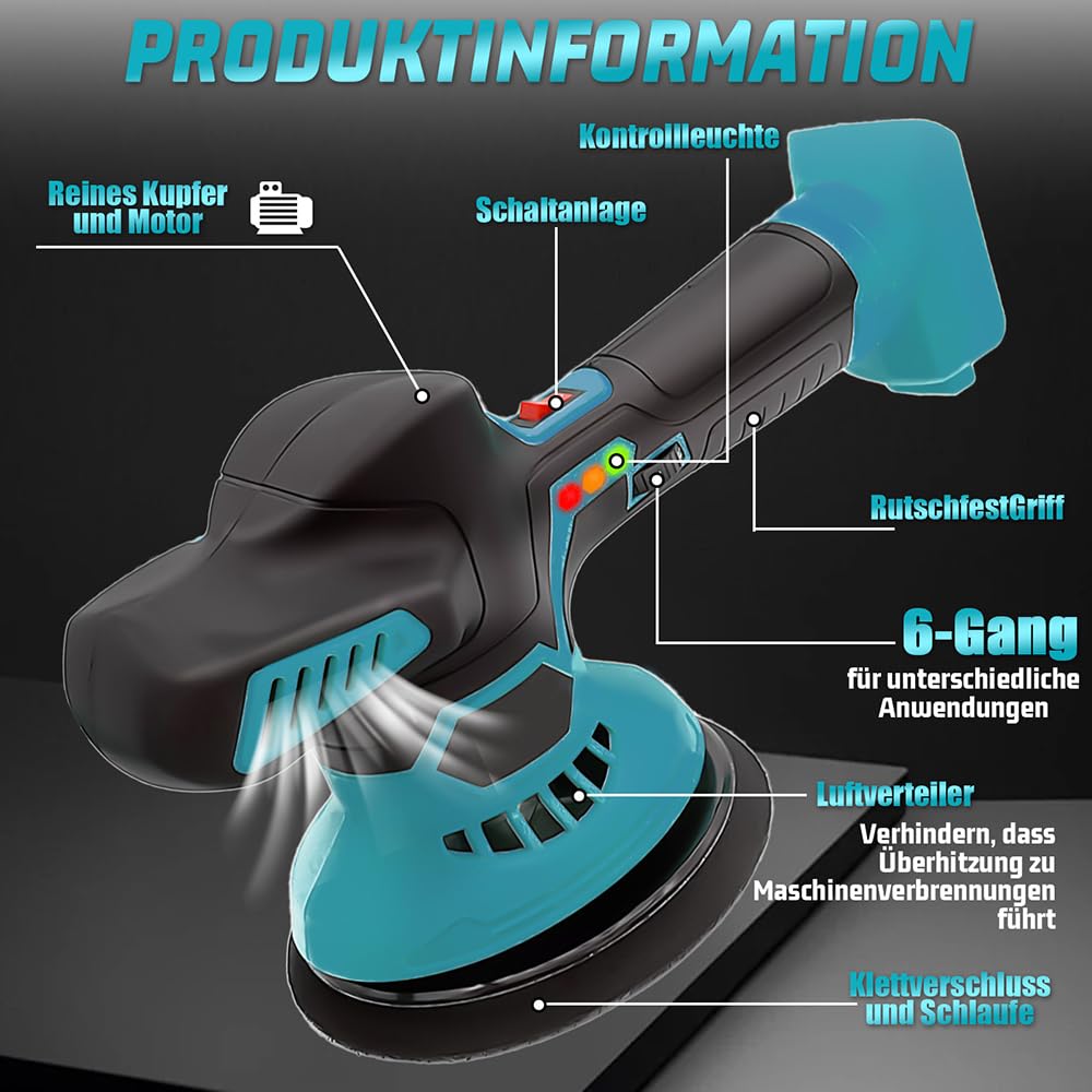 Akku Poliermaschine Auto,Ersatz für Makita 18V BL1830,21V Exzenter Poliermaschine mit 2x 3.0 AH Akku,24 PCS Aufsätze,6 Variable Geschwindigkeit(2500-5000RPM),für Autodetaillierung/Polieren/Wachsen