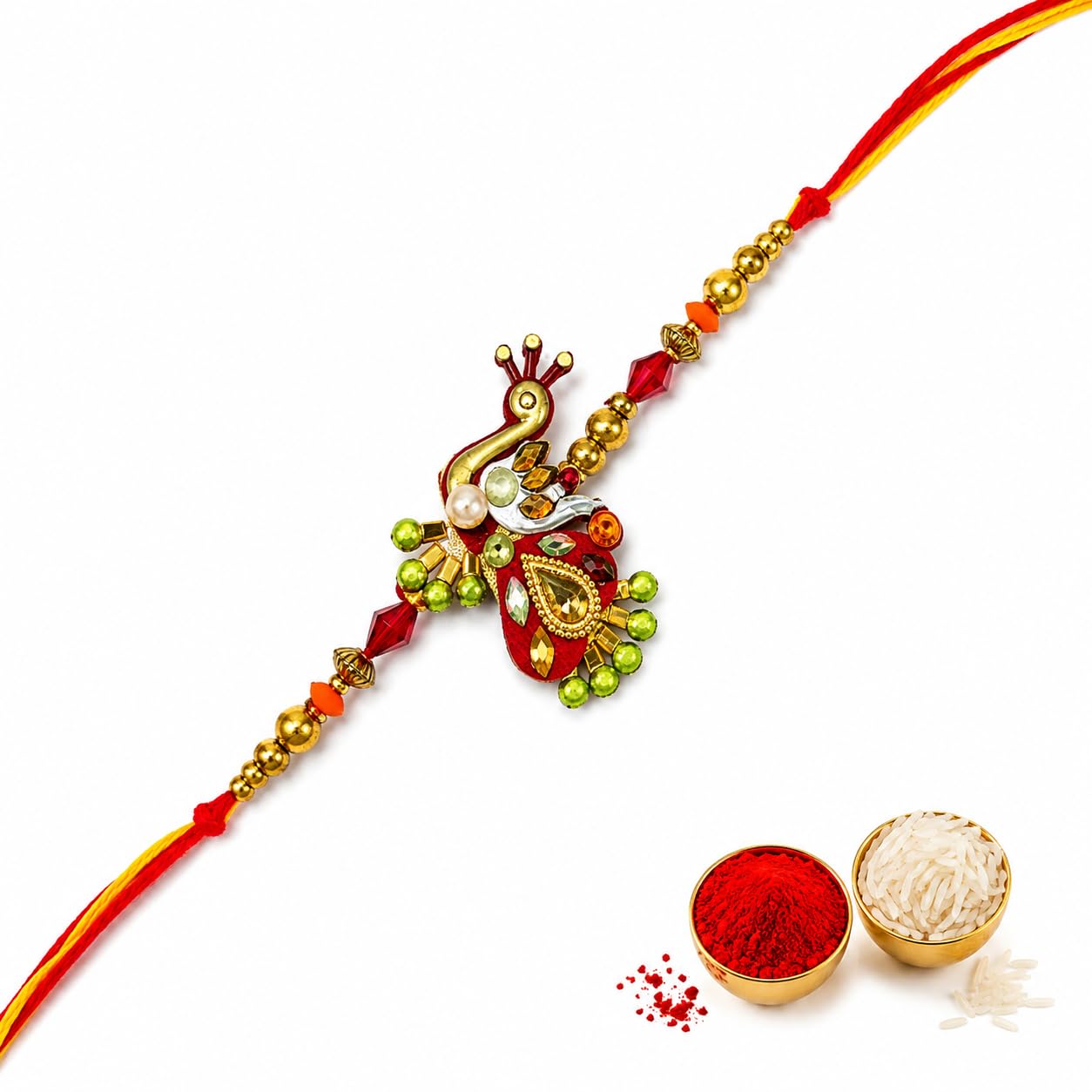 Handcrafted Designer Peacock Rakhi for Brother with Roli Chawal | Traditional Gold-Finish Mor Rakhi Thread with Stone & Bead Work for Bhaiya | Raksha Bandhan Gift Pack-image-11