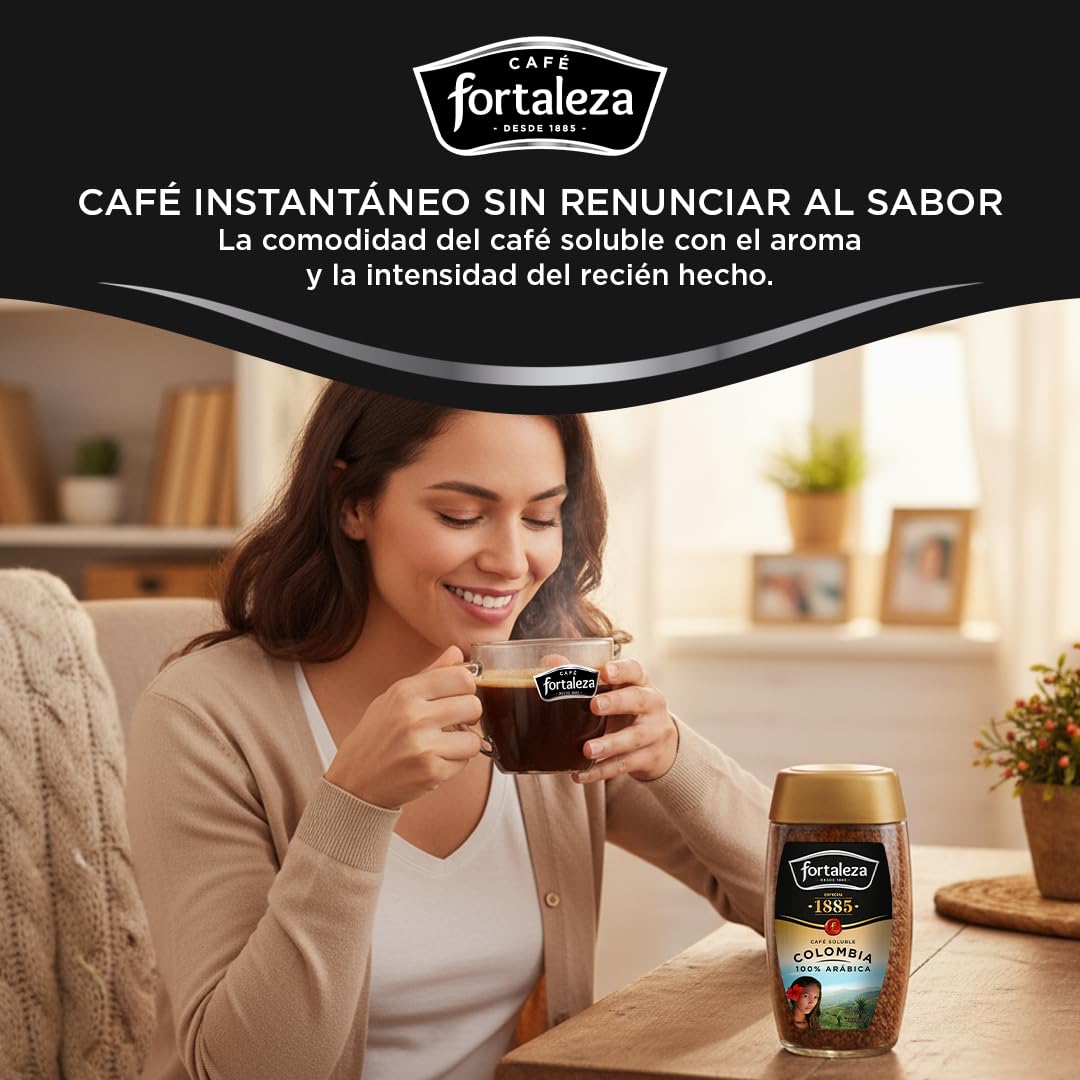 CAFÉ FORTALEZA Café Soluble 100% Arábica de Colombia Pack 100g x 6 (Total 600g) - Café Instantáneo Suave con Matices Florales y Herbales - Café Soluble de Tueste Natural para Despertar tu Día