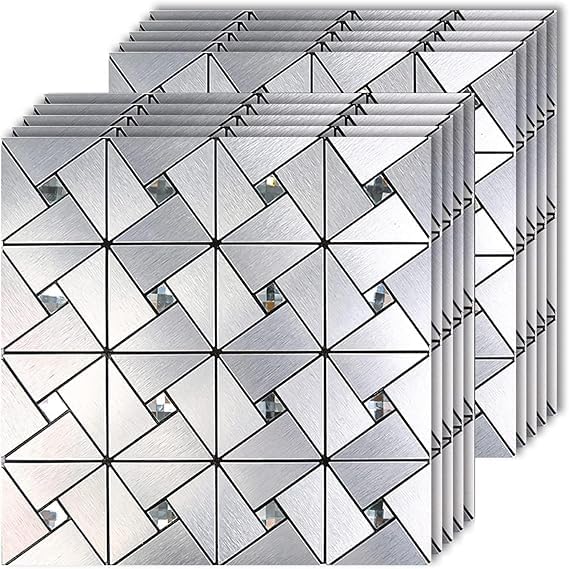 Self Adhesive Metal Mosaic PVC Tile for Kitchen & Home Wall Decor | Aluminum Pinwheel Pattern with Glass Accents | 12"x12" Peel and Stick Wall Panel-image-40