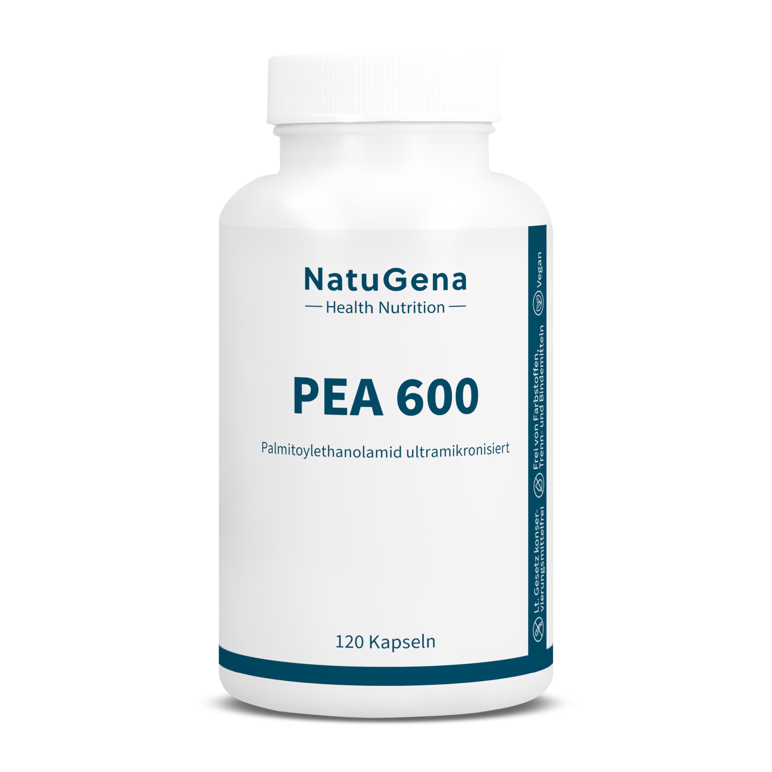 NatuGena PEA 600 mg reines Palmitoylethanolamid ultramikronisiert, Gruppe der N-Acylethanolamide, frei von synthetischen Zusatzstoffen, flexibler Verzehr, vegan, 120 Kapseln (120 Tage Packung)