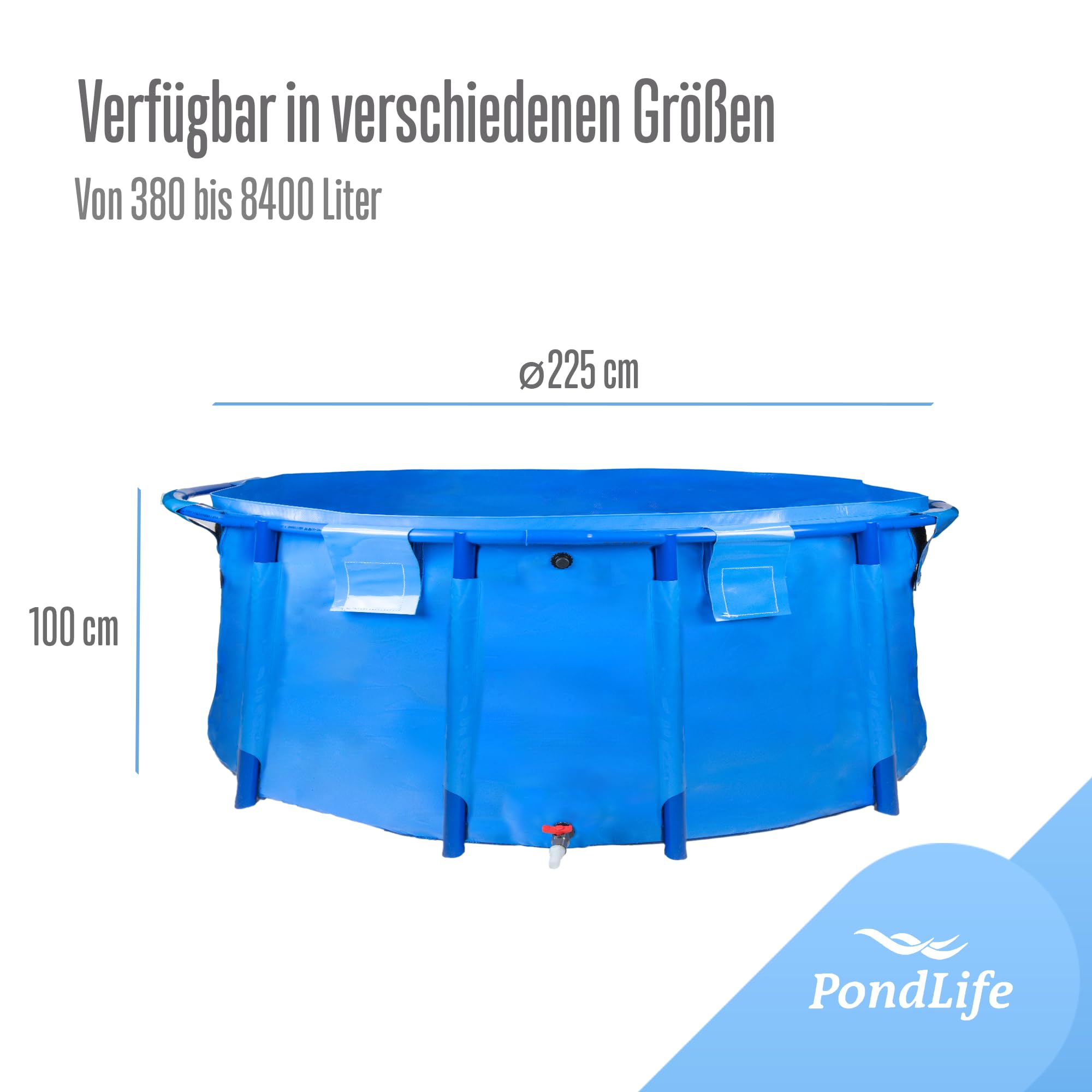 Pondlife Faltbecken für Koi und Teichfische, Ø 225cm x Höhe 100cm, 3900 Liter, faltbares Becken für innen und außen, stabile PVC-Folie, UV-beständig