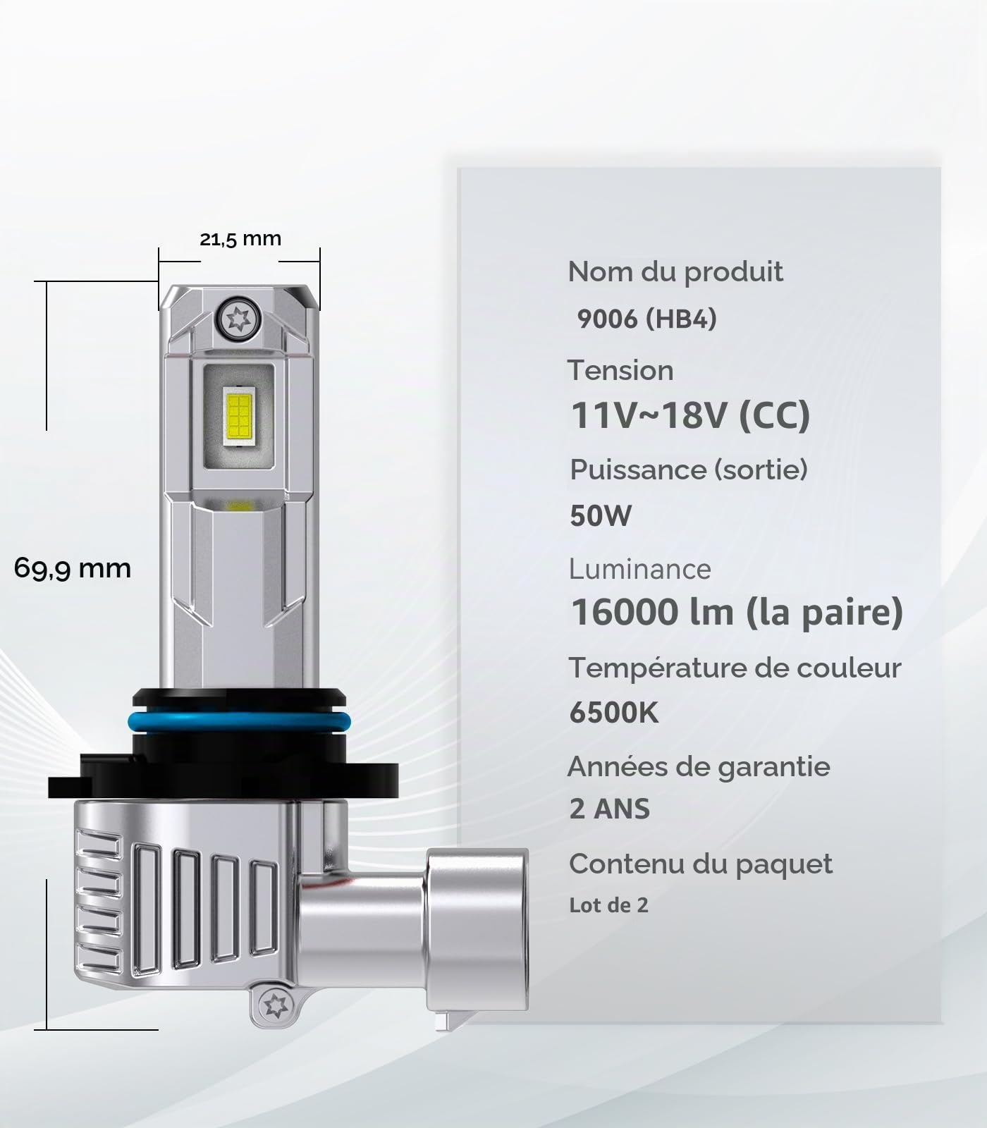 LTONXEN Ampoule 9012(HIR2) LED, 12V 50W Blanc 6500K, 16000LM Voiture Phare | Hi/Lo Beam Froid Lumière Blanche, Plug and Play, Remplacement Kit (2 Lampe)