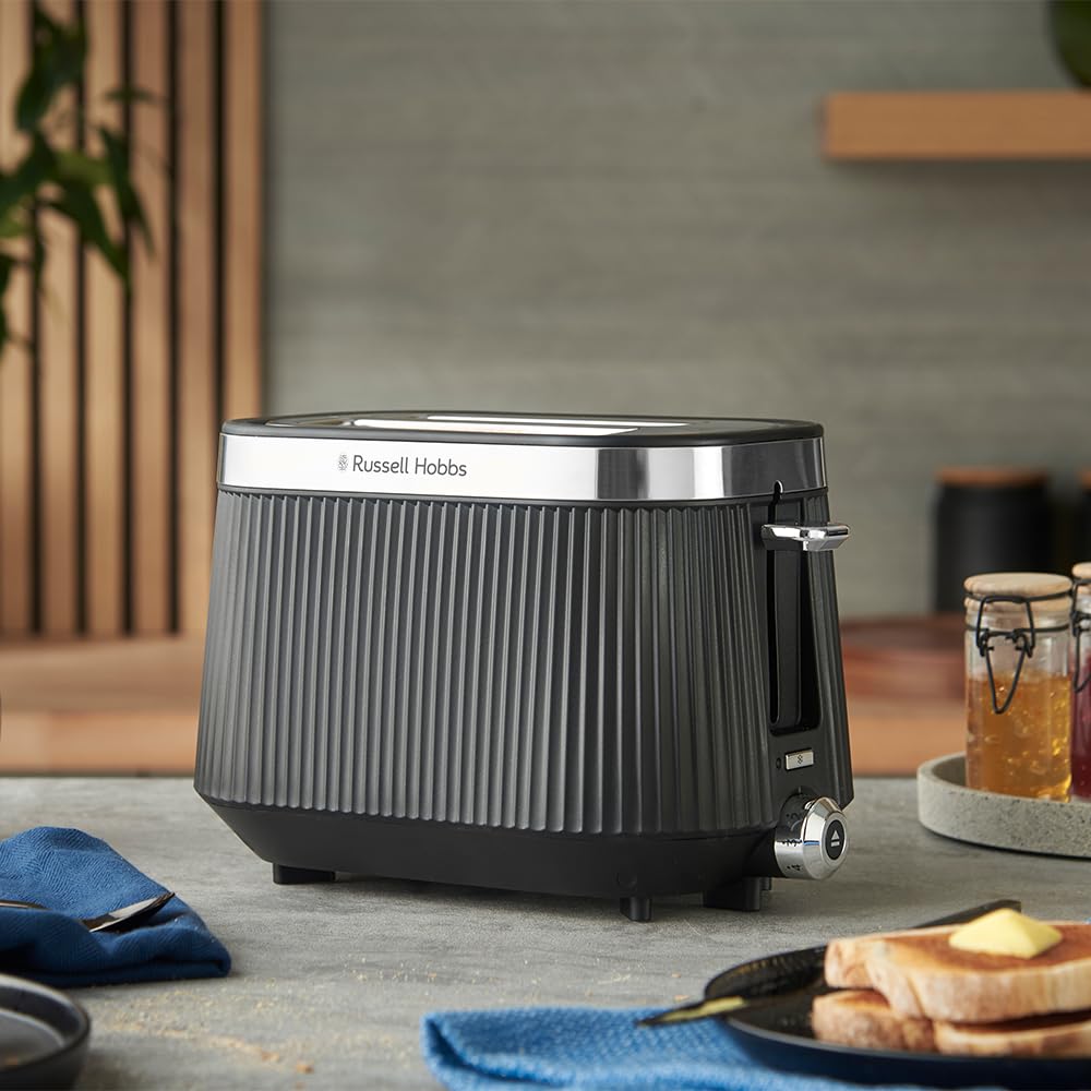 Russell Hobbs Grille pain [pour 2 tranches] Brontë Noir (6 réglages, finition mate, accents argentés, décongélation, réchauffage, surélévation, Lift & Look, support pour petits pains) 26760-56