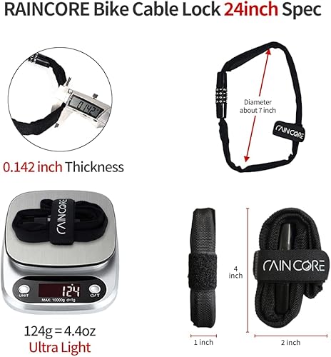 Miniatura 3 de RAINCORE Candado de cable ligero para bicicleta Heavy Duti antirrobo, 24 pulgadas (23.6 in) - 0.27 libras (4.37 oz) - Candado de cadena de bicicleta