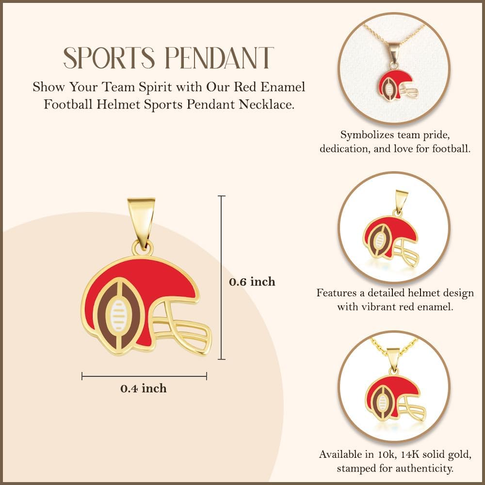 Gold Red Enamel Football Helmet Sports Necklace| 10K or 14K Yellow, Rose, or White Gold | Choice of Pendant Only or Chain Length