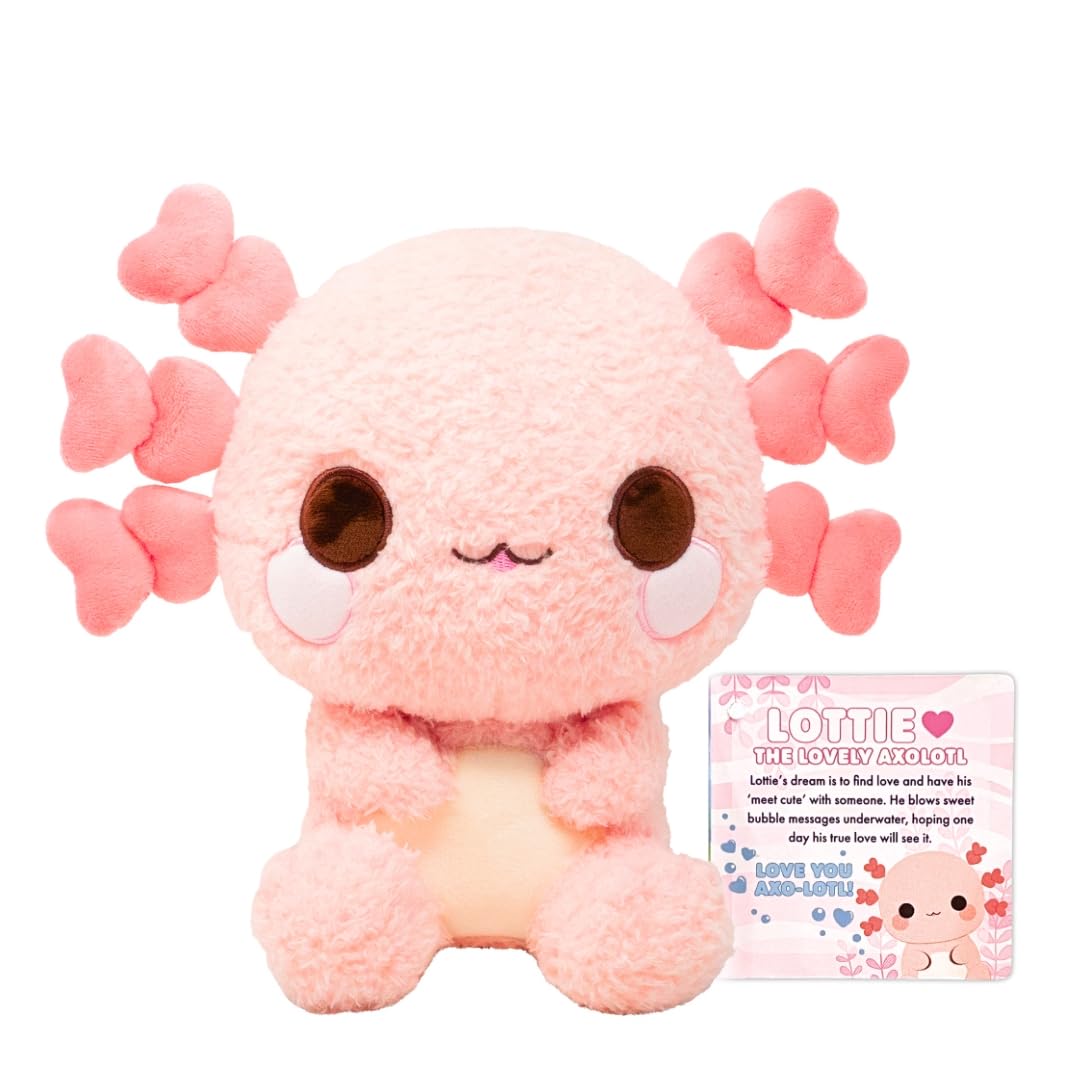 Pink Axolotl Plush with Heart Shaped Gills - Lottie The Lovely-Axolotl | Cute Kawaii Stuffed Animal | Soft Love Themed Plushie | Adorable Valentine's