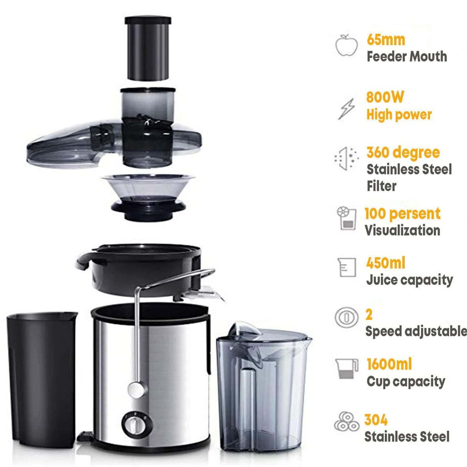 Estrattore di succo centrifugo, estrattore di succo elettrico da 800 W, estrattore di succo portatile intelligente in acciaio inossidabile, estrattore di succo di frutta e verdura intera