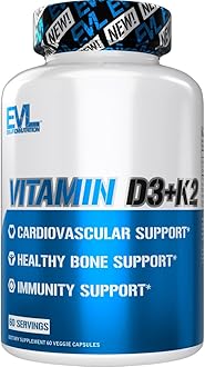 Evlution Nutrition Vitamin D3 K2 Supplement - 5000IU Vitamin D with 90mcg VIT K as MK7 per Serving for Heart Bone and Immune System Support - High Absorption Gluten Free Veggie Capsules (60 Servings)