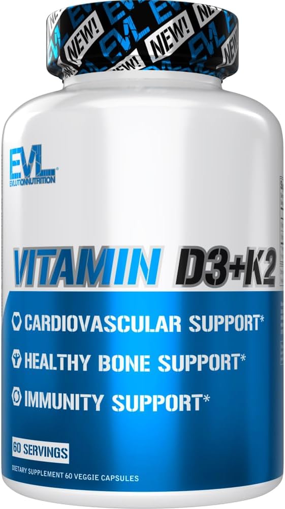 Evlution Nutrition Vitamin D3 K2 Supplement - 5000IU Vitamin D with 90mcg VIT K as MK7 per Serving for Heart Bone and Immune System Support - High Absorption Gluten Free Veggie Capsules (60 Servings)
