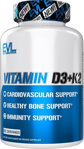Evlution Nutrition Suplemento de vitamina D3 K2 – 5000 UI de vitamina D con 90 mcg de VIT K como MK7 por porción para el hueso del corazón y el