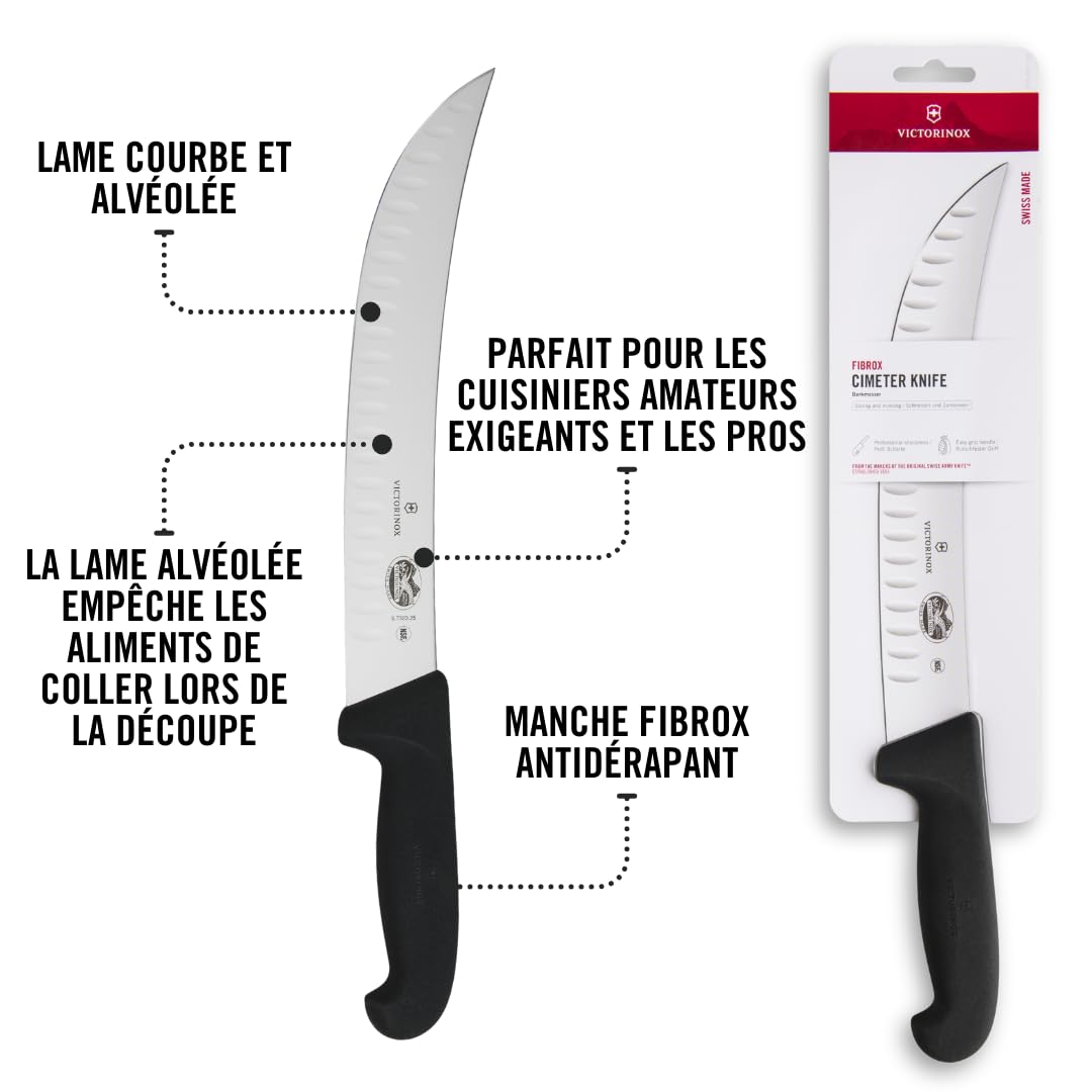 Victorinox Fibrox Couteau cimeterre avec lame alvéolée, Couteau de boucher tranchant pour gros morceaux de viande, 25 cm, Lame incurvée, Inox, Noir