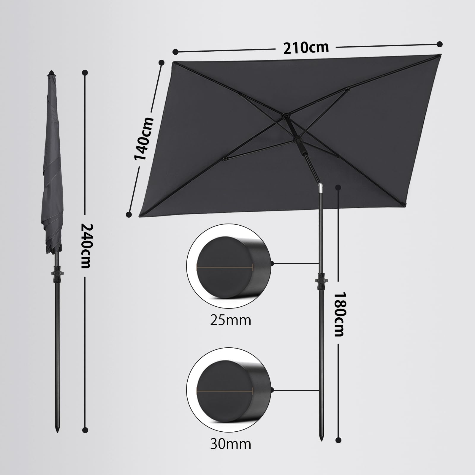 Sekey Parasol Rectangulaire - Avec housse de protection, Pivotant et Ajustable en hauteur, Protection UV UPF50+