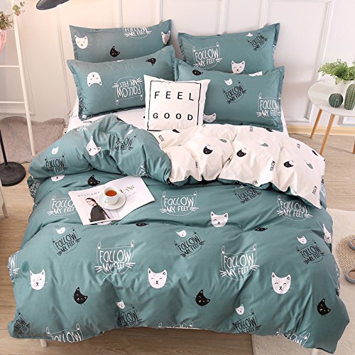 Rayhoo Bed Set Full Sheets Set Cute Cat – 3 Piece Bedding Sets One Comforter Cover Two Pillowcase– Microfiber Teen Duvet Cover Set For Bedroom(Without Quilt) (Cute Cat,Green, Full,80''X86'') #TOP2