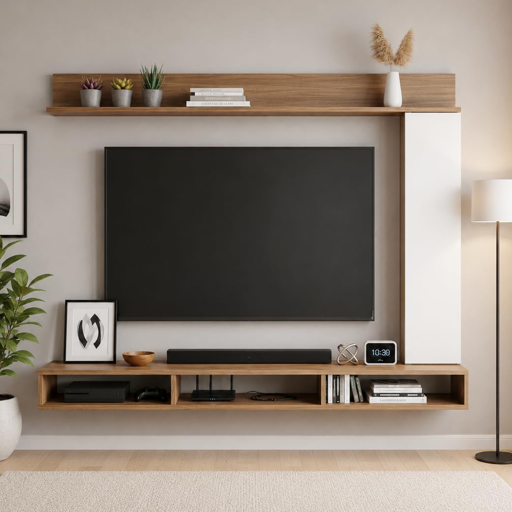 FURNEASER Morris Engineered Wood Wall Mount TV Unit/TV Stand with Door/TV Cabinet/TV Entertainment Unit/Set Top Box Stand (Ideal for 55 Inch) (D.I.Y) (Exotic Teak & White)-image-9