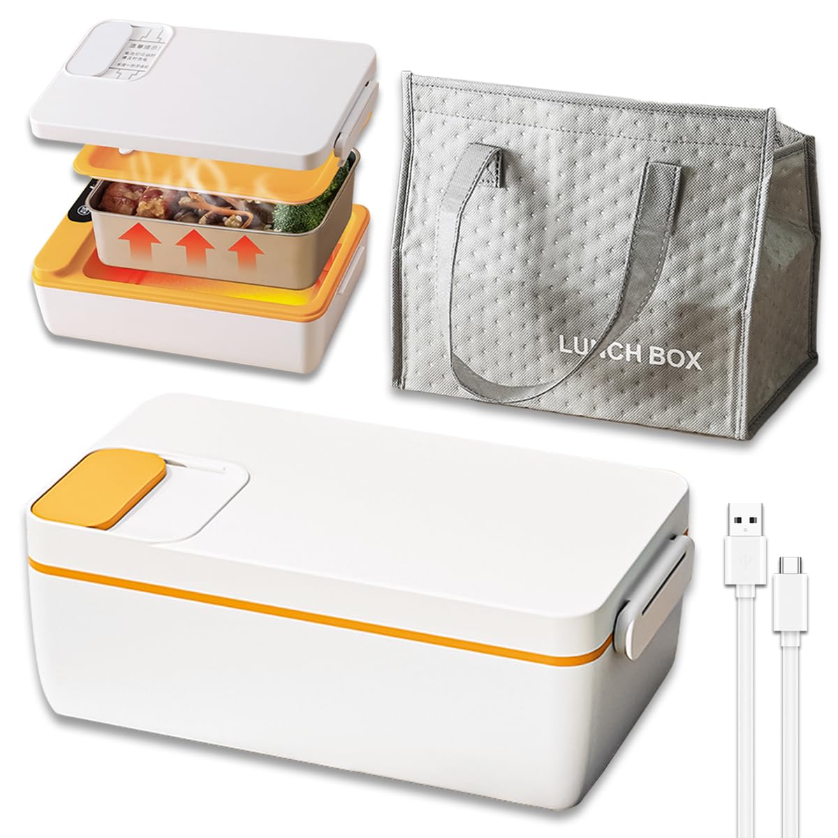 cordless electric lunch box 1l, portable food warmer for car/office/home use | no water required, rechargeable heated lunch container with insulated bag | students & professionals