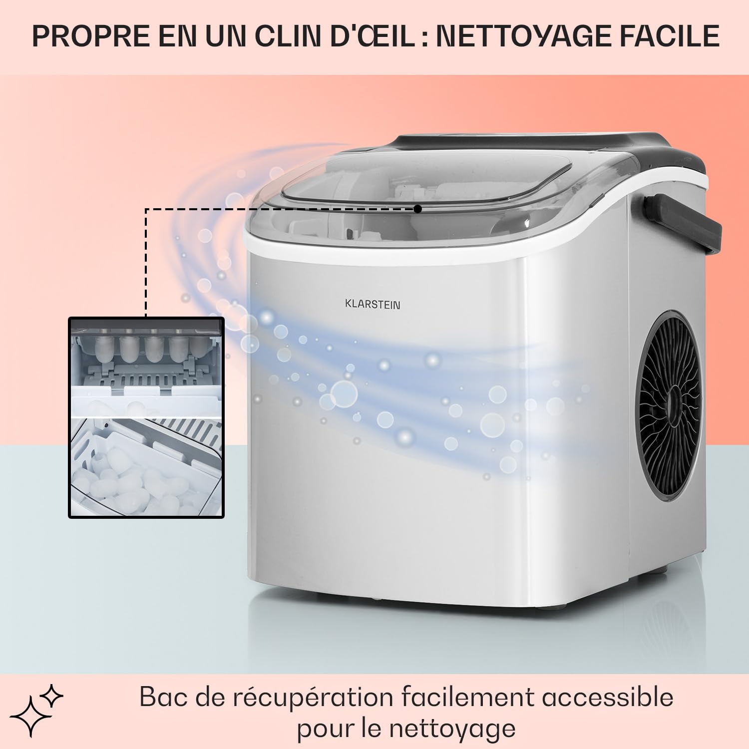 Klarstein Machine a Glacons pour la Maison, Capacité de 1,3L, Fabrique Rapidement Jusqu'à 12kg de Glacons, Machine a Glaces Petits et Grands Glaçons en Forme de Balles, Autonettoyante, Ice Maker