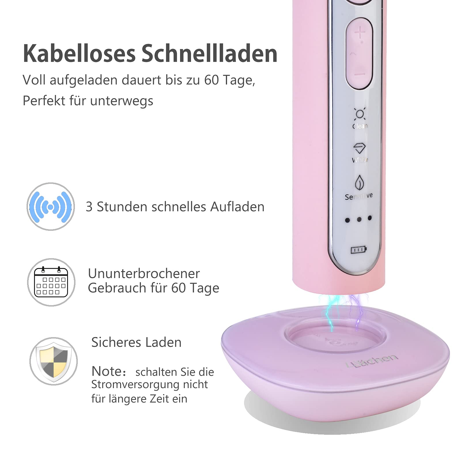 Lächen Sonic - Cepillo de dientes eléctrico sónico con 4 cabezales y temporizador, 3 modos y 3 intensidades de vibración, con bolsa de viaje, color rosa