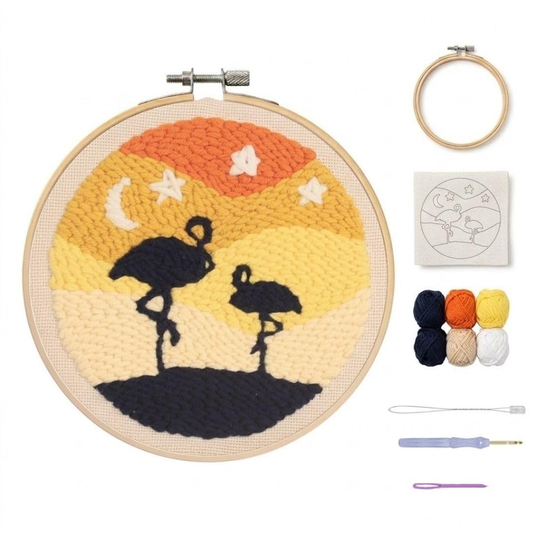 Luxeeva® Punch Needle Kit, Punch Needle Embroidery Kit for Beginners with Pre-Printed Flamingo Pattern Monk Cloth, Punch Needle Kit for Kids Includes Embroidery Hoop & Instructions | 8 Inches Complete DIY Tufting Craft Set to Create Textured Wool Wall Art, Relaxing Family Activity-image-1