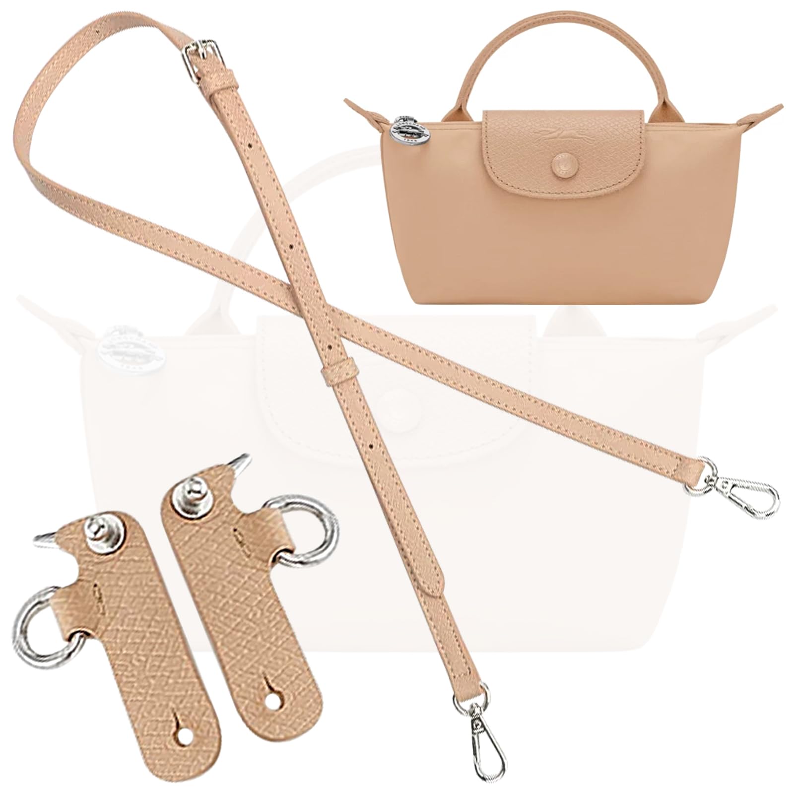 Bag Leather Strap Replacement Adjustable Crossbody Shoulder Straps for XS Le Pliage MINI Pouch, No Damage Conversion Kits Accessories (MINI-Beige-Silver)