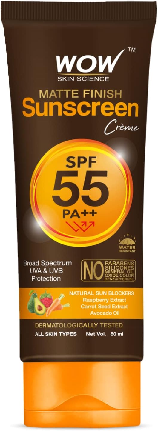 WOW Skin Science Sunscreen SPF 55 PA++ Matte Finish| Broad Spectrum - UVA&UVB Protection | With Raspberry rich in Vitamin C, Avocado, and Carrot Seed Extract | All Skin Types | For Women & Men- 80ml
