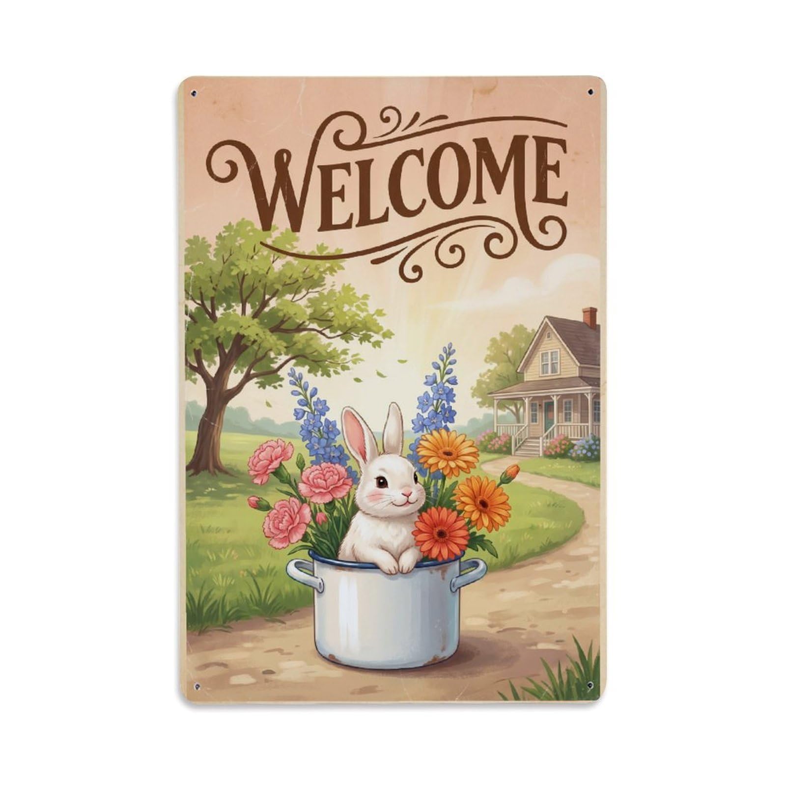 Cxhjca 8X12inch(20X30cm) Vintage Welcome Bunny Floral Decor Metal Tin Sign
