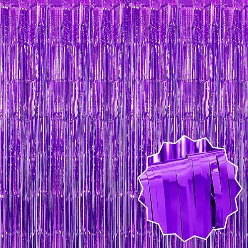 Image of 3 Pack Purple Foil Fringe Curtains Backdrop, 3.28 x 9.8 Ft Metallic Streamers Tinsel Curtains Background for Photo Booth, Birthday, Halloween, Christmas, Thanksgiving, New Year Party Decorations