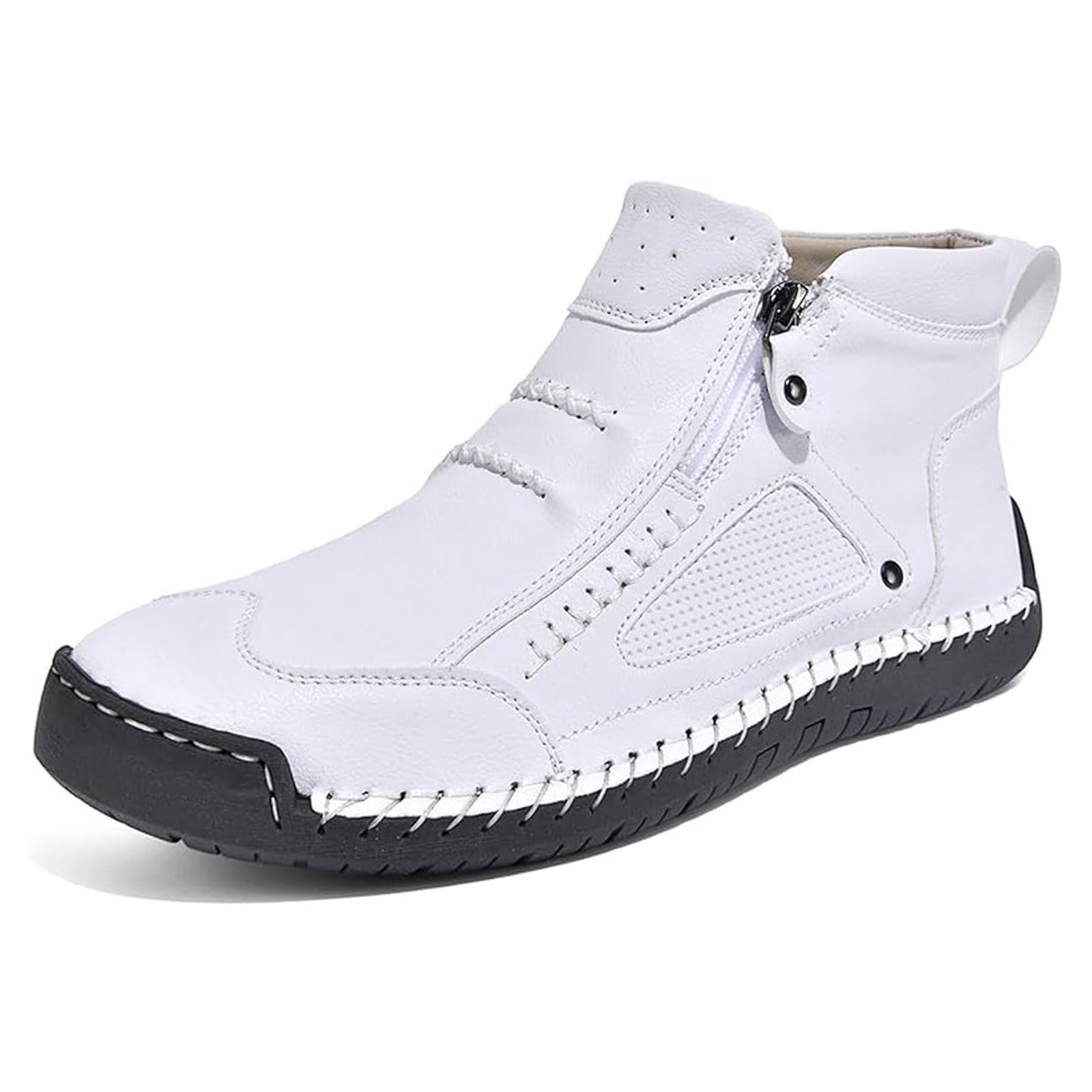 YHTRFDMSG Men's High Top Loafers Shoes,Handcrafted Leather Waterproof Non-Slip Orthopaedic Ankle Boots Side Zipper Hiking Orthopedic Fleece Slip-On Footwear for Outdoor Walking — view 12