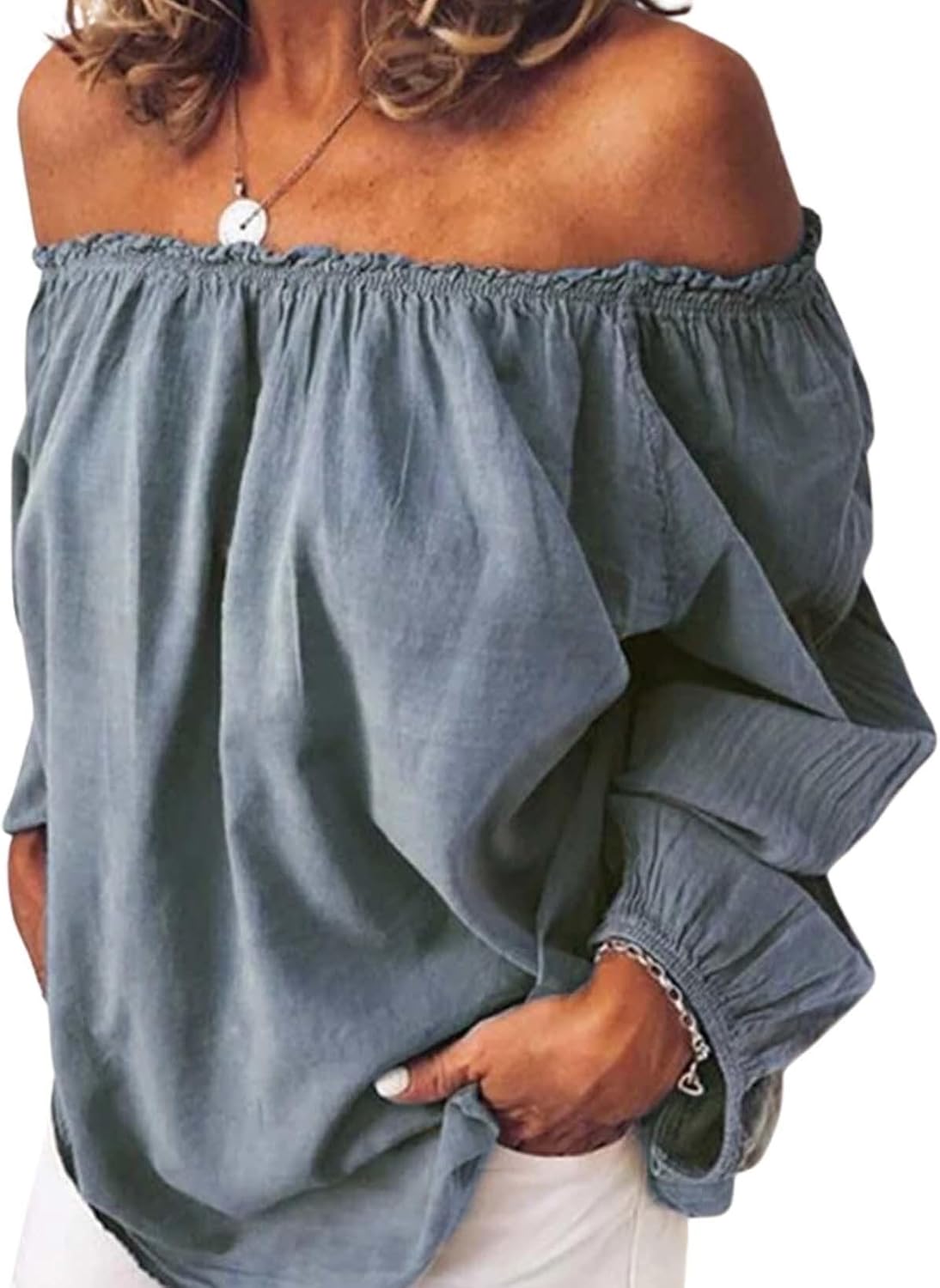 Womens Linen One Shoulder Top Stylish Cotton Long Sleeve Ruffle Balloon Sleeve Shir...