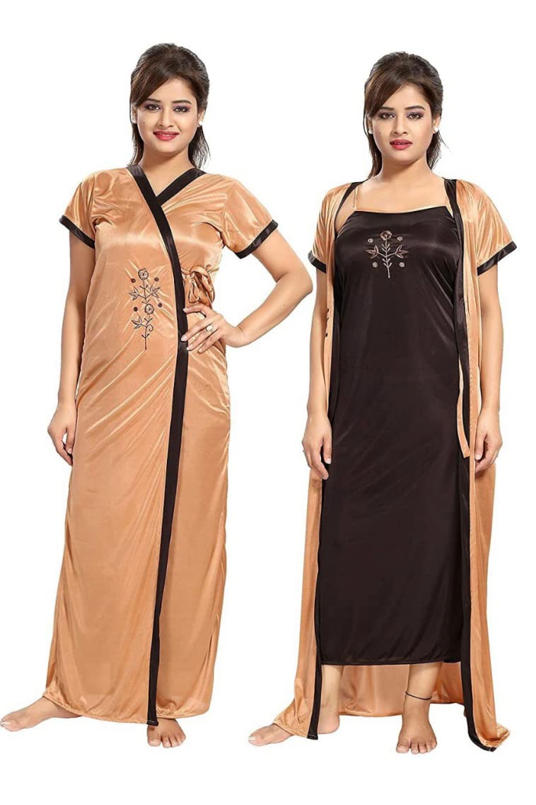 ankona 2 Pieces Nighty Satin Nighty Set with Embroidery on Nighty & Housecoat (Robe) with Two Colour Matching of Nighty & Rob-picture-18