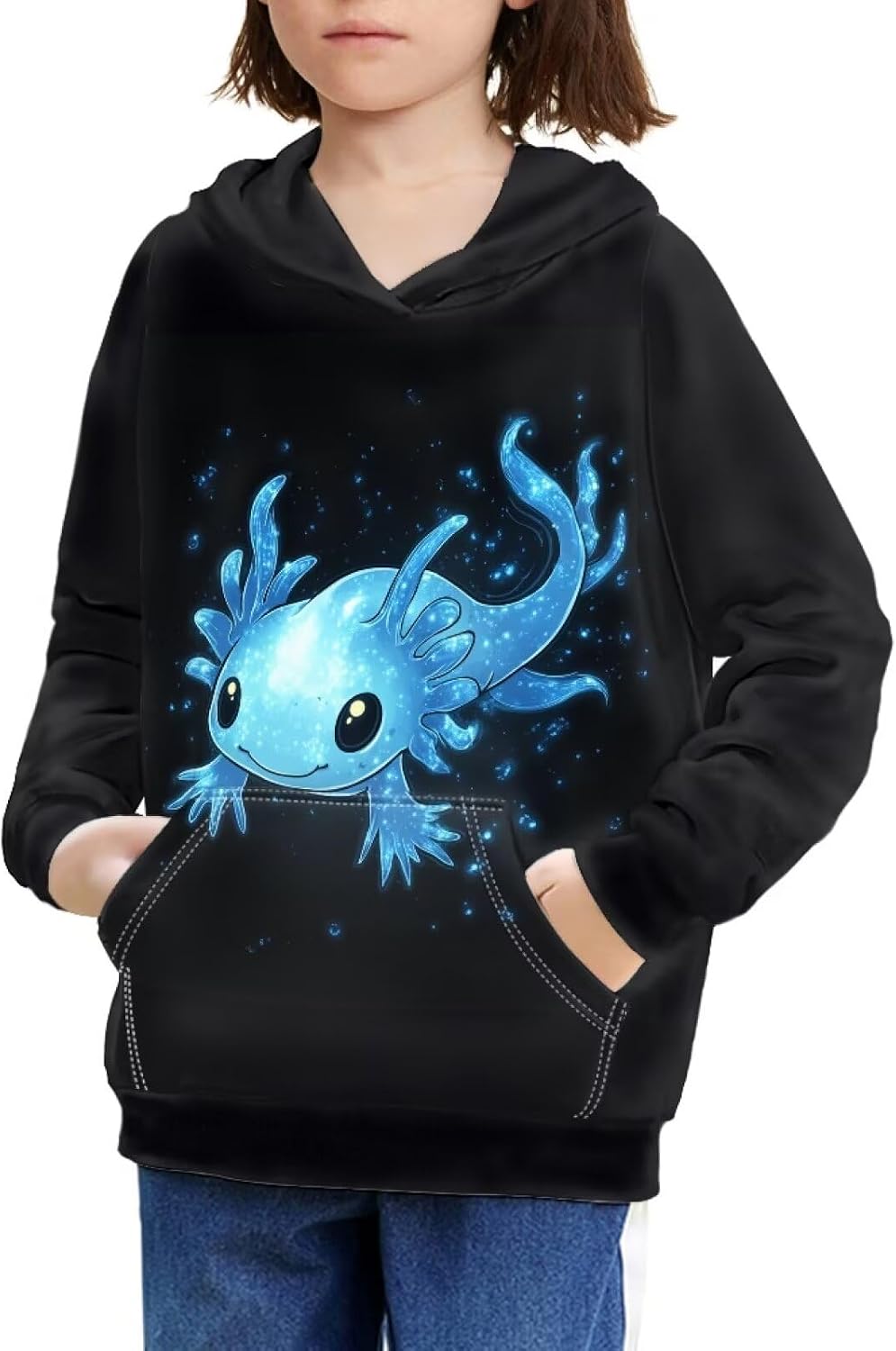 Axolotl Hoodies for Girls Boys Hooded Sweatshirts Long Sleeve Black Unisex Pullover 6-16Y