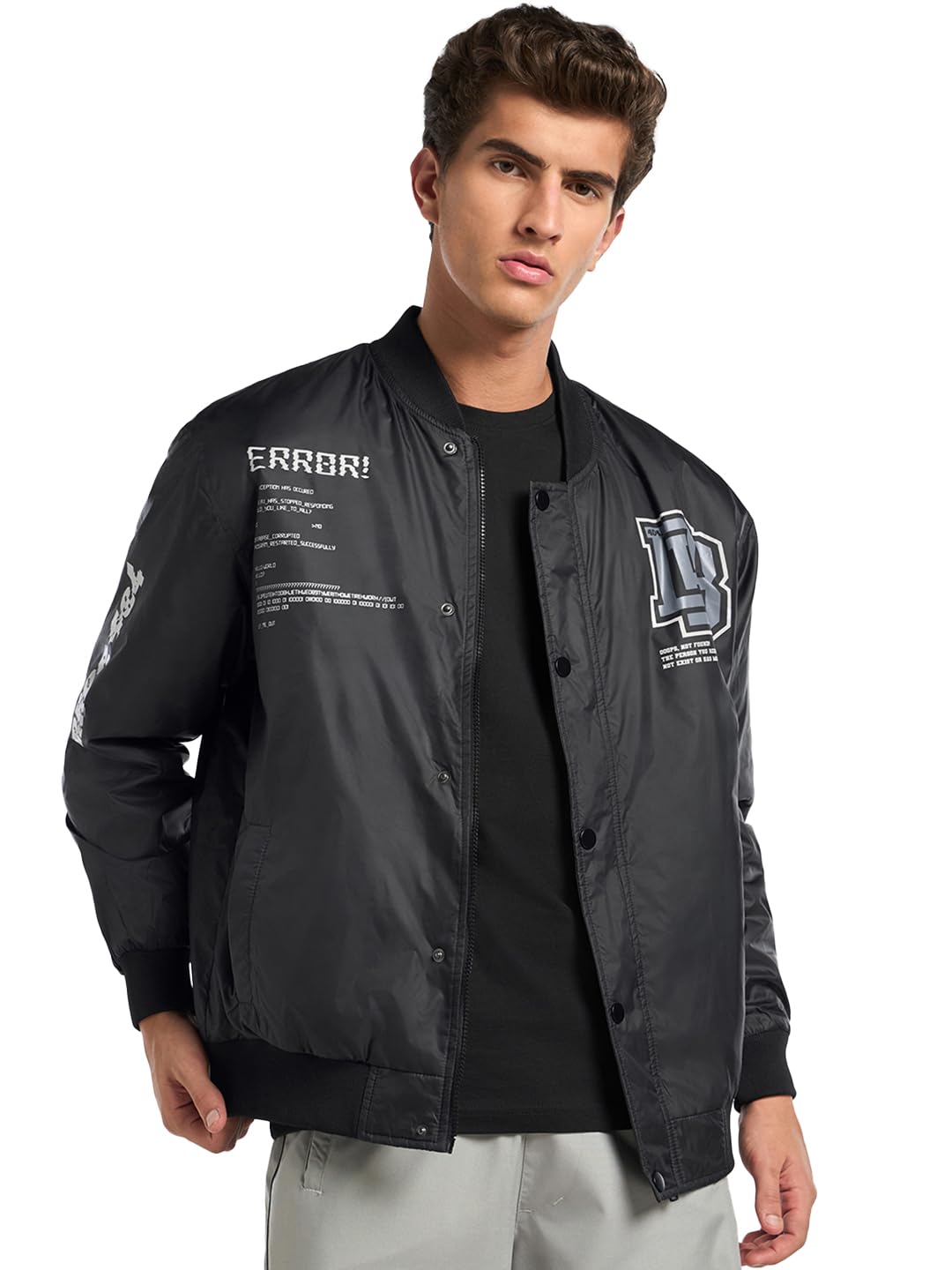 Bewakoof Men's Nylon Oversized Fit Bomber Jacket | Jacket for Men Winter Wear in neutral