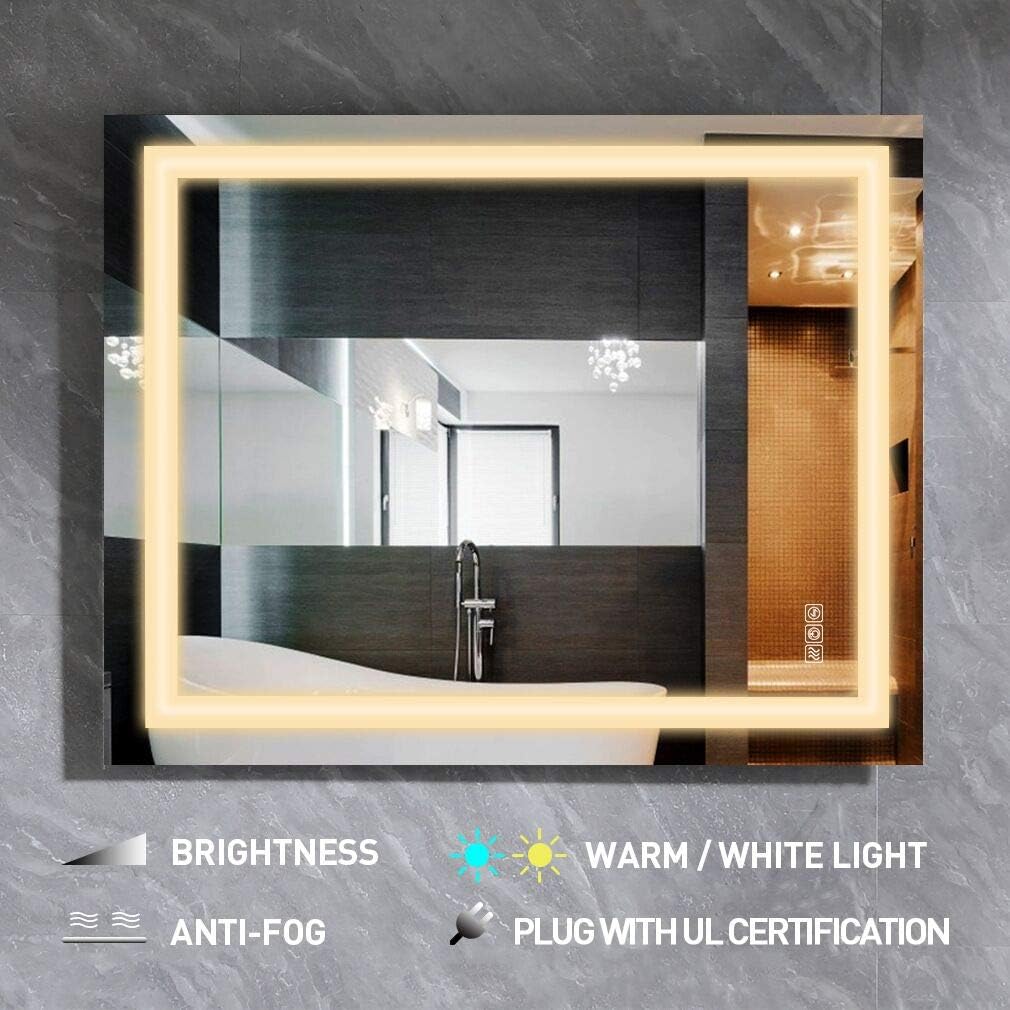 35” x 27” LED Bathroom Make Up Mirror, Anti Fog Function Wall Mounted Horizontal or Vertical, Adjustable Color Temperature