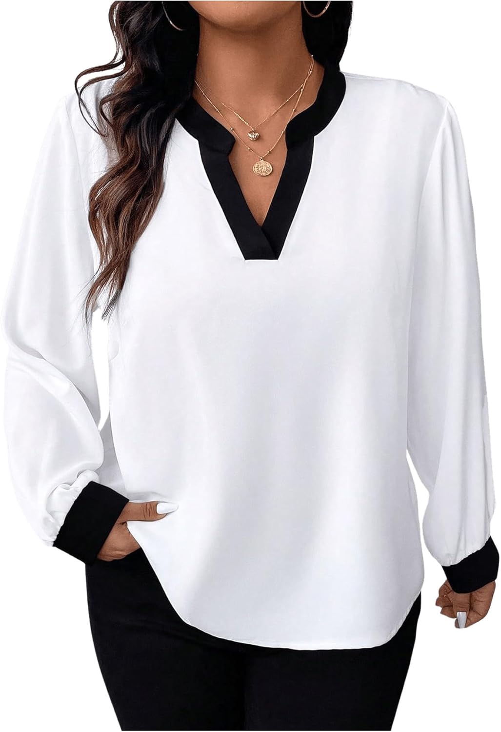 SOLY HUX Women's Plus Size Tops Notched V Neck Long Sleeve Color Block Casual Work Blouse