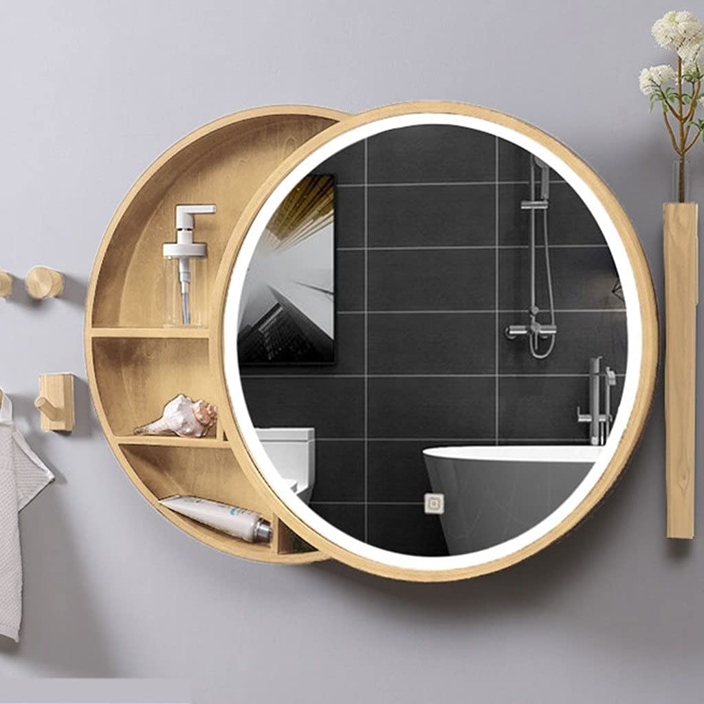 Runder LED-Badezimmerspiegelschrank – Wandmontierter Waschtisch aus Holz mit Stauraum und Beleuchtung, modernes Schlafzimmerdesign für stilvolle Wohnkultur